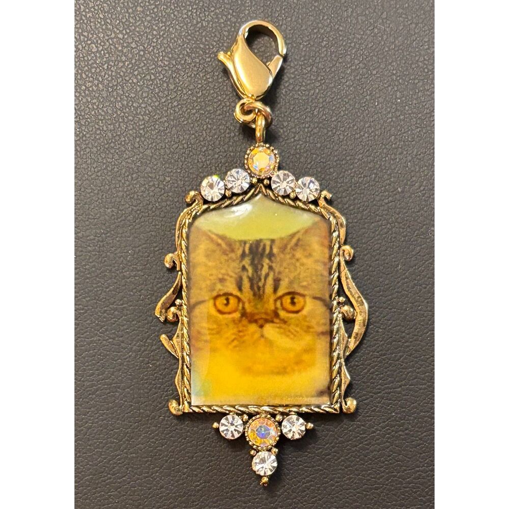 VTG Kirks Folly Gold Rhinestone Persian Cat Portrait Lobster Clasp Charm Pendant